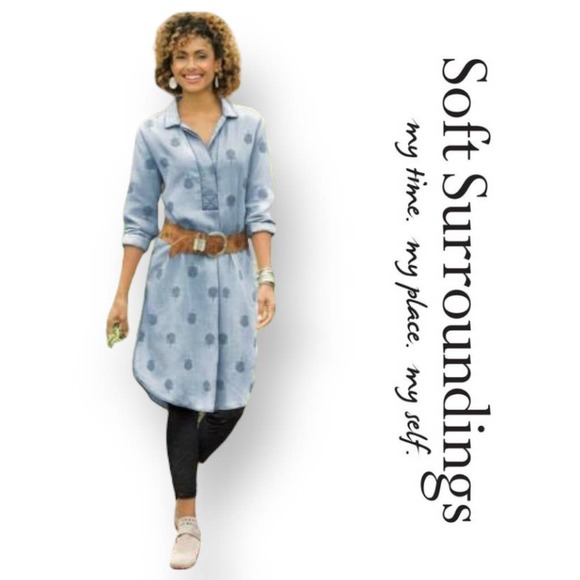 Soft Surroundings Dresses & Skirts - Soft Surroundings Denim Chambray Tunic Dress With Embroidered Peacock Feathers